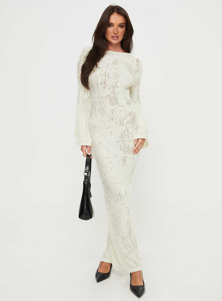 Long sleeve maxi dress Wide neckline, low back, flared sleeves, high leg slit Good stretch, unlined, sheer