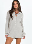 Romper Knit material  Classic collar  Button front fastening Drop shoulder  Raw cut hem 