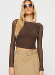 Long sleeve top Sheer mesh sleeves, crew neckline, low back, tie fastening at back  Good stretch, lined body 