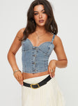 Denim top Sweetheart neckline, contrast stitching, shirred back Adjustable straps, button fastening at front 