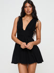 Black Mini dress Relaxed fit, fixed shoulder straps with tie detail, plunging neckline, invisible zip fastening, ruched waistband