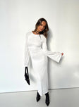 Long sleeve maxi dress Sheer material Tie fastening back of neck Flared sleeve Low back