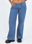 Jeans Low rise Dark wash denim Belt looped waist Zip & button fastening Classic five-pocket design Wide leg