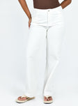 White jeans Cotton High rise White denim Belt looped waist Zip and button fastening Four pocket design Embroidered graphic at back Wide leg