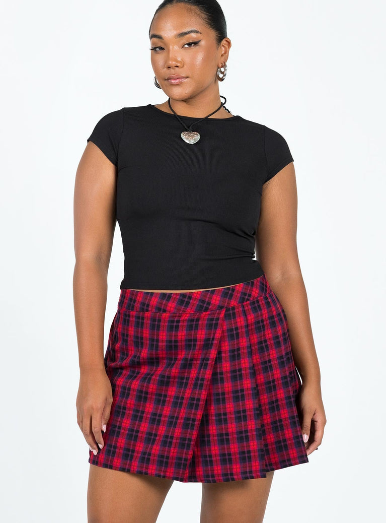 Red mini skirt Plaid print Invisible zip fastening at side Pleated design