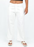 White pants Belt looped waist Zip and button closure Four pocket design Wide leg