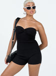 Strapless romper Ribbed knit material Inner silicone strip at bust Knot detail 