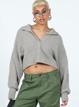 Grey cropped sweater Soft knit material V neckline Oversized collar Balloon style sleeves Drop shoulder