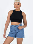 Denim shorts Mid-wash denim Belt looped waist Front button & zip fastening  Four pocket design Gold & silver-toned embellishments on back pockets Raw cut hem