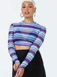 Long sleeve top Striped print Sheer mesh material High neck Adjustable tie fastening at side