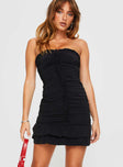 Strapless mini dress Ruching all throughout, center frill detail along front, two tiered frill hem