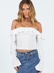 Long sleeve top Off-the-shoulder design Inner silicone strip at bust Frill detail neckline Invisible zip fastening at side Removable wrist ties