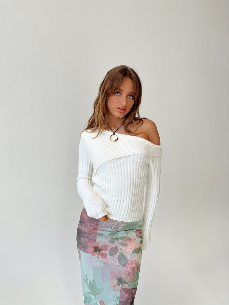 Sweater Ribbed knit material Cold shoulder design Folded neckline