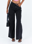 Black jeans Black denim High rise Belt looped waist Zip and button fastening Classic five pocket design Branded patch at back Rip at thigh Wide leg