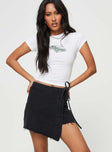 Wrap skort Button and zip front fastening, tie detail at side, branded patch on waistband, raw hem