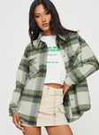 Plaid shacket Button front fastening, classic collar, single button cuff, twin chest pockets, curved hem