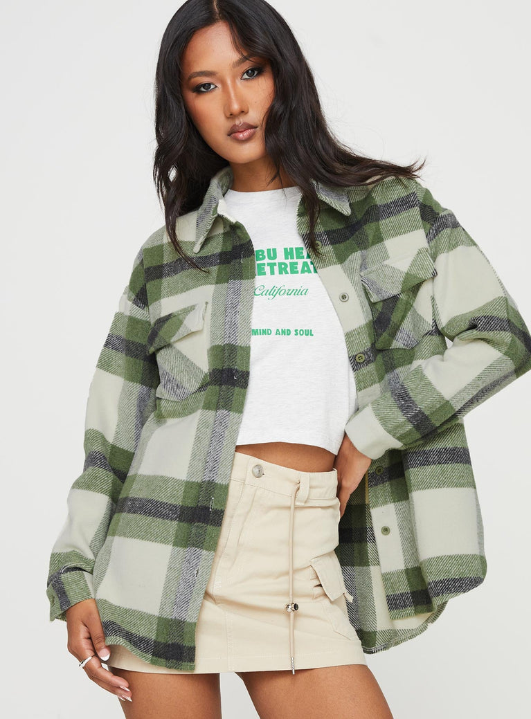 Plaid shacket Button front fastening, classic collar, single button cuff, twin chest pockets, curved hem