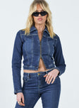 Cropped denim jacket Dark wash denim Classic collar Zip fastening at front