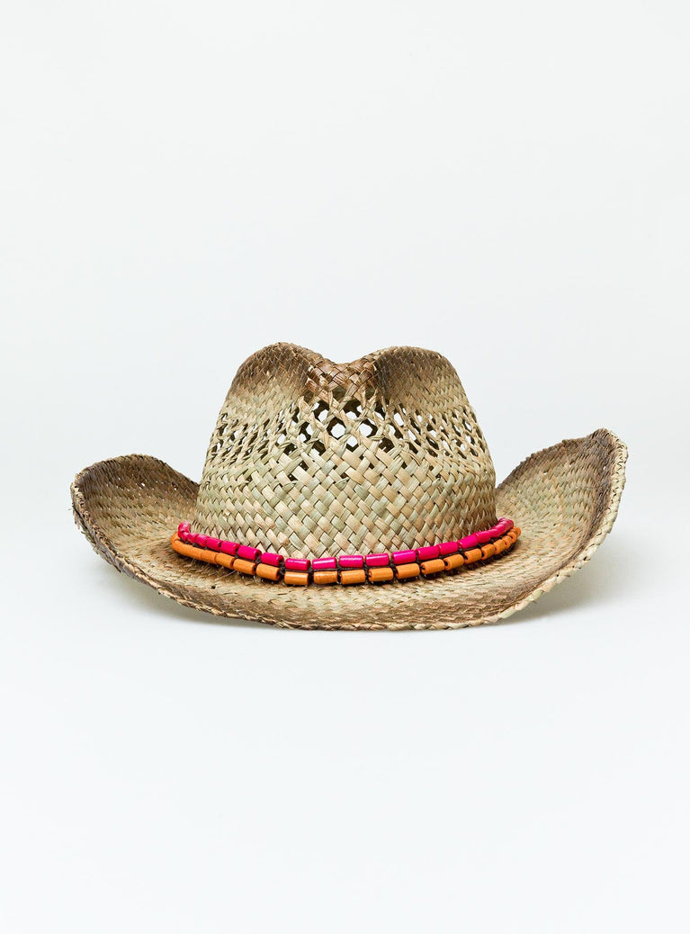 Cowboy hat Woven straw Curved wide brim  Internal adjustable drawstring Mouldable brim shape Bead detail