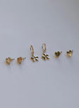 Earring pack Pack of three Two heart studs Hoop style with drop charm Gold-toned