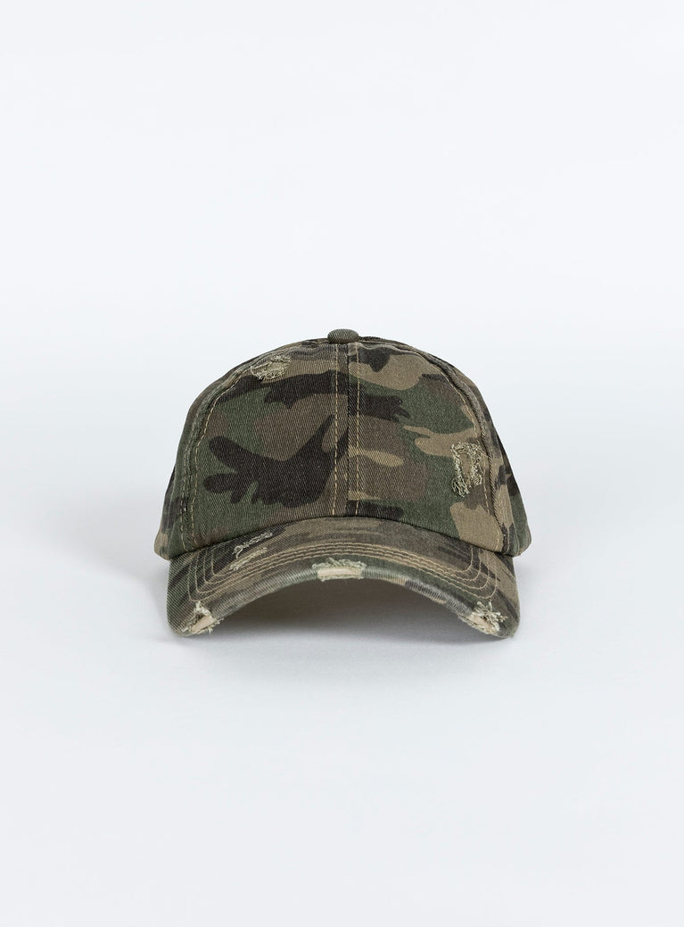 Camo print cap Velcro strap at back with distressed detail