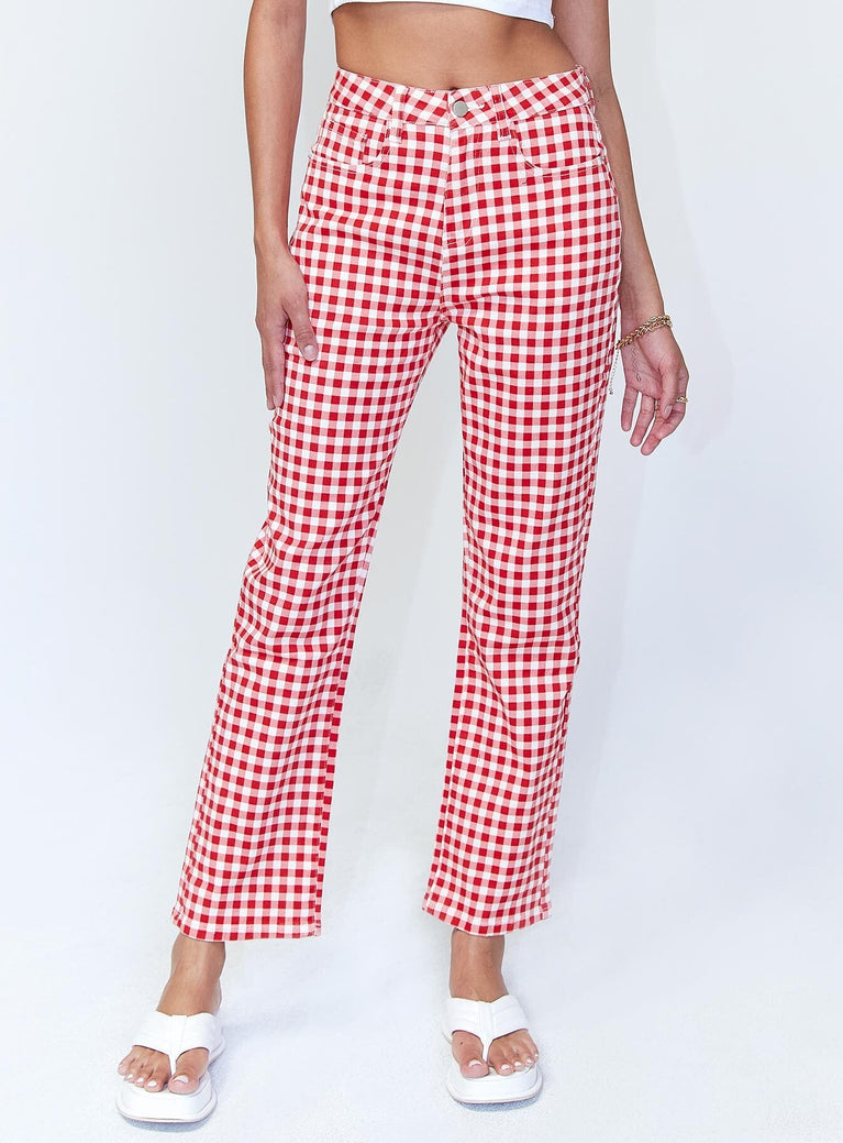 Princess Polly Mid Rise  Kendra Gingham Denim Jeans Red