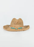 Cowboy hat Woven straw Curved wide brim  Internal adjustable drawstring Mouldable brim shape Bead detail