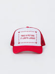 Trucker hat Princess Polly Exclusive 50% cotton 50% polyester Graphic print  Mesh back panels  Snap back fastening 