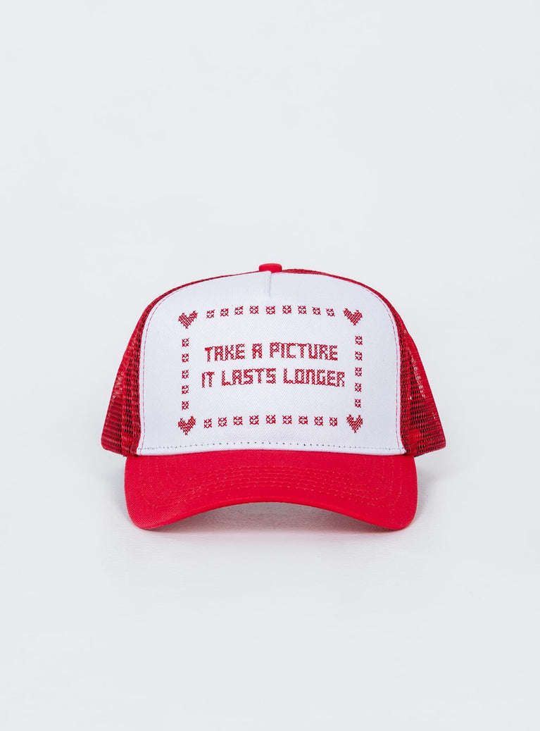 Trucker hat Princess Polly Exclusive 50% cotton 50% polyester Graphic print  Mesh back panels  Snap back fastening 