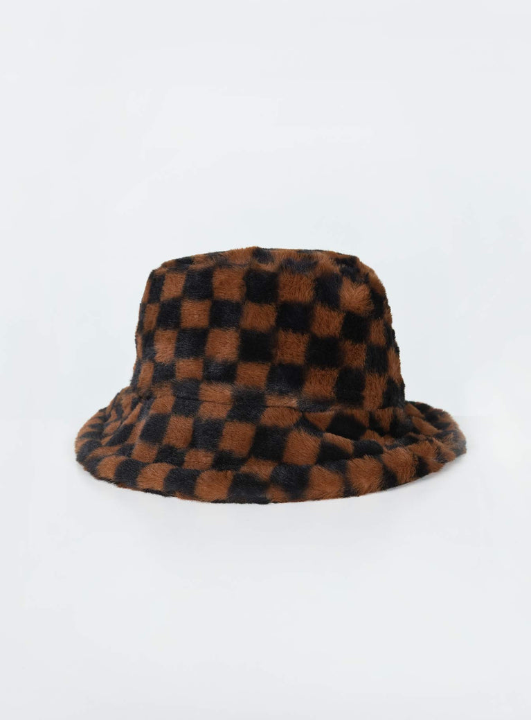 Bucket hat Faux fur material  Check print  Soft brim  Adjustable inner band  Fully lined