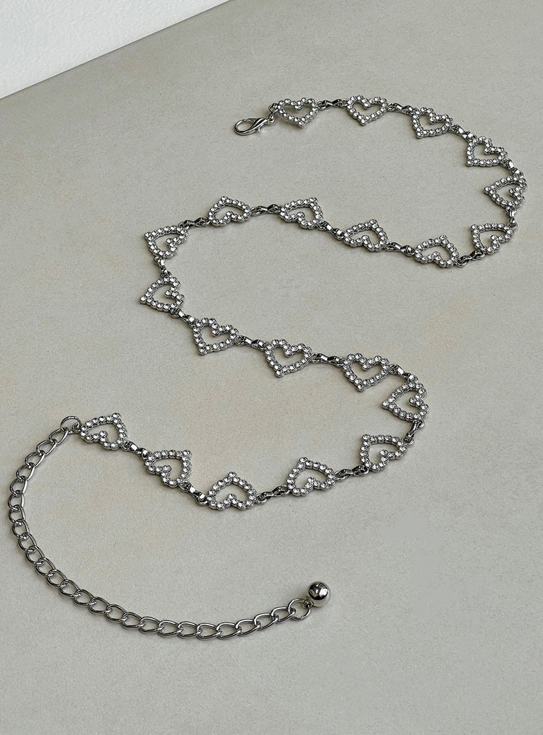 Silver toned chain belt Heart design Diamante detail Lobster clasp fastening