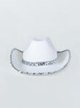 Cowboy hat 50% polyester 50% acrylic Faux felt material  Sequin rim & headband  Stiff curved brim  OSFM 