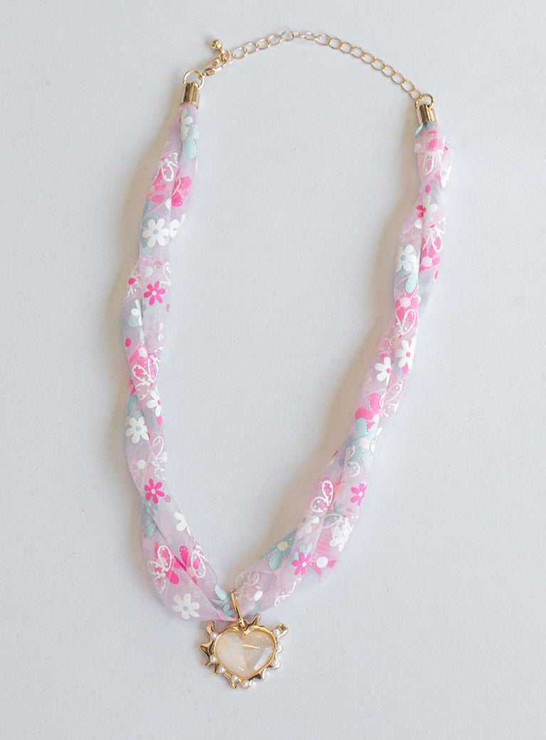 Necklace Fabric chain Floral print Heart drop pendant Gemstone detail Gold-toned