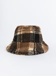 Bucket hat Faux fur Plaid print Soft short brim Adjustable ties inside Fully lined