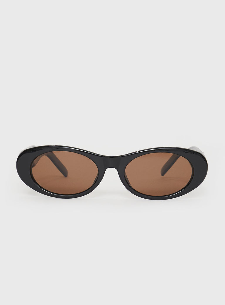 Sunglasses Oval-shaped lenses, brown-tinted lenses, black frames, brass-tone hardware detail