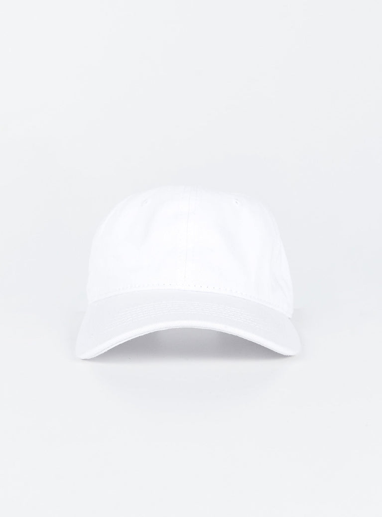 White cotton cap Adjustable strap at back Curved brim