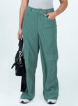 Green pants Cord material  Zip & button fastening  Belt looped waist  Four pocket design  Faux flap pockets on leg  Wide leg 