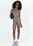 Grey matching set Crop top Adjustable shoulder straps Sweetheart neckline Bike shorts Thick elasticated waistband Good stretch Unlined