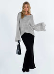 Grey sweater Sheer knit material V neckline Drop shoulder Rolled hem and cuff Good stretch Unlined 