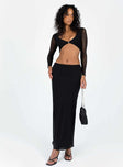 Matching set Kristen is wearing a size US 2 / AU 6 Mesh material Long sleeve crop top V-neckline Clasp fastening at front Maxi skirt Elasticated waistband  Good stretch Lined body