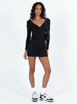 Black long sleeve mini dress V neckline Scooped back Good stretch Mesh lined