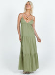 V-neck maxi dress Cross strap fastening at back, elasticated band at back, tiered skirt, invisible zip fastening at side