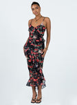 Maxi dress Floral print Adjustable shoulder straps Tie fastening at back Elasticated back Tiered ruffles Uneven hem