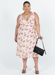 Maxi dress Polka dot print V neckline Gathered detail at bust Invisible zip fastening at side Tie fastening at back