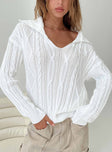 White sweater Cable knit material Wide neckline Classic collar Good stretch Unlined 