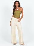 Pants Knit material High rise Zip and button fastening  Elasticated waistband at back Wide leg 