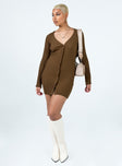 Brown long sleeve mini dress Ribbed knit material Plunging neckline Button front fastening