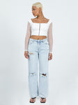 Jeans Light wash denim Belt looped waist Classic five-pocket design Zip & button fastening High waisted Ripped knees Distressed look Princess Polly badge on back Straight leg