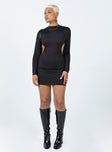 Long sleeve mini dress High neck Low cut out at back Good stretch