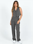 Vest top Pinstripe print V neckline Button fastening at front Faux pockets Pointed hem